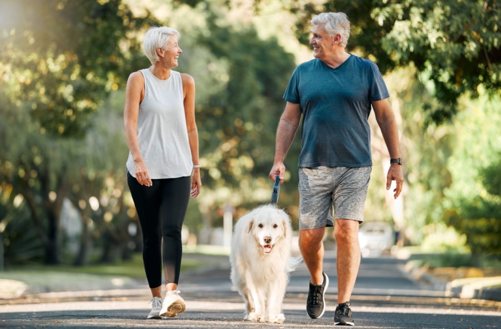 A senior couple take a brisk walk with their dog in a beautifully lit, lush park.