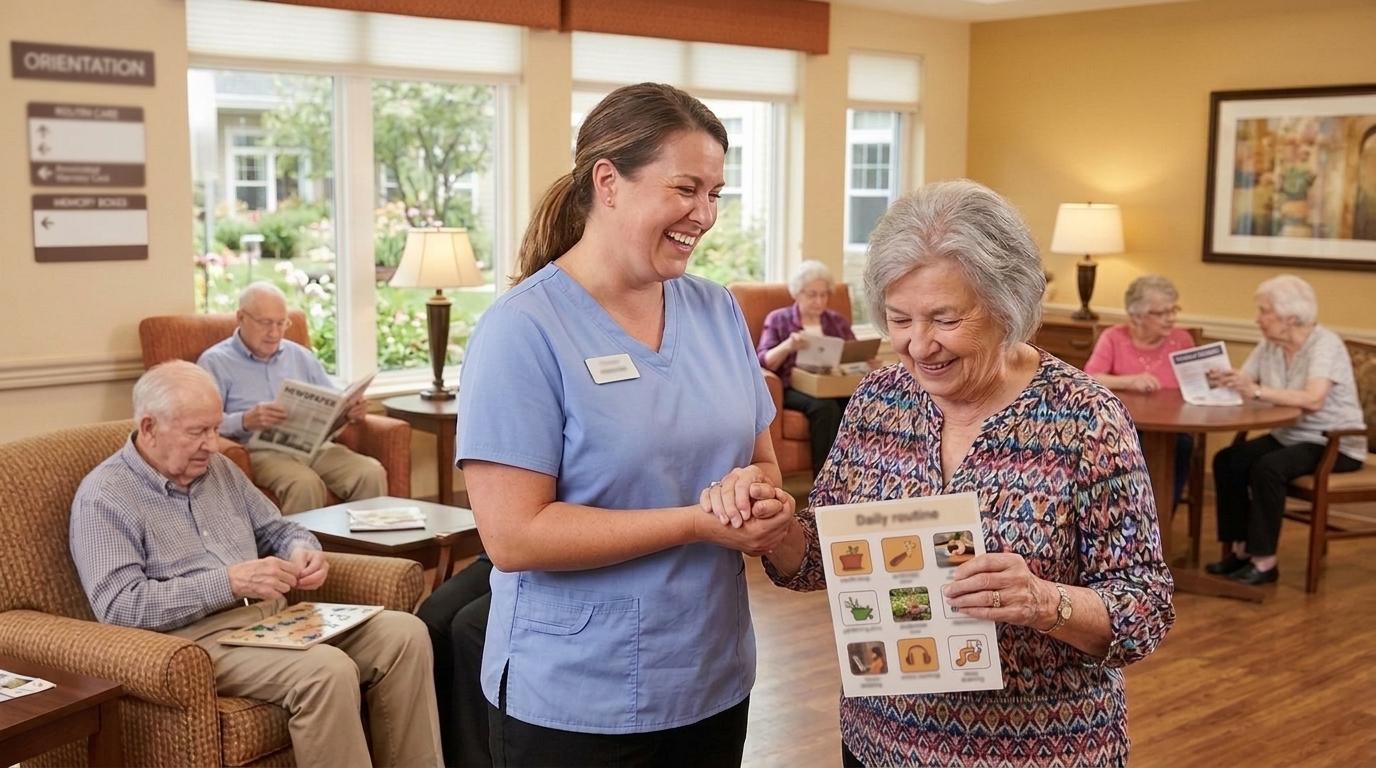 Smiling older adult enjoying a structured daily activity in a memory care community setting at The Landmark of Fridley Senior Living.