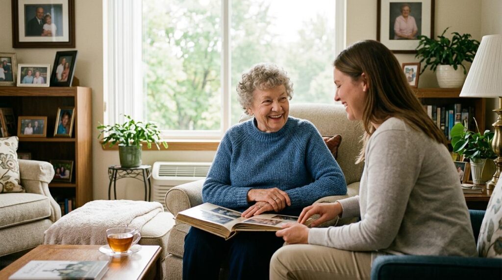 Smiling senior adult relaxing comfortably in a bright assisted living apartment, enjoying independence and peace of mind.