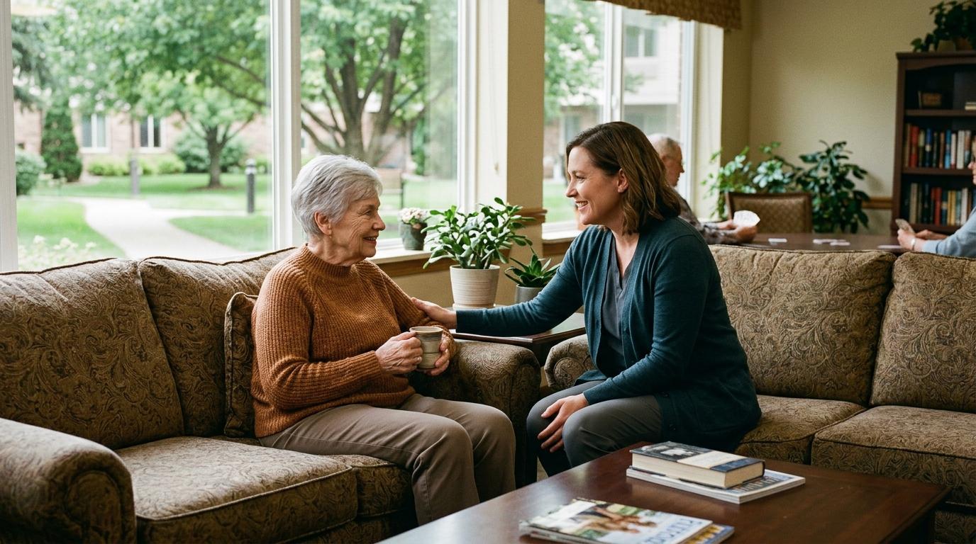 Smiling senior adult relaxing comfortably in a warm, welcoming retirement community common area in Fridley, MN.