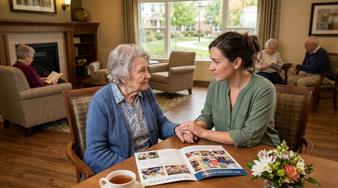 A senior living staff member warmly greeting a family during a community transition walkthrough at The Landmark of Fridley.