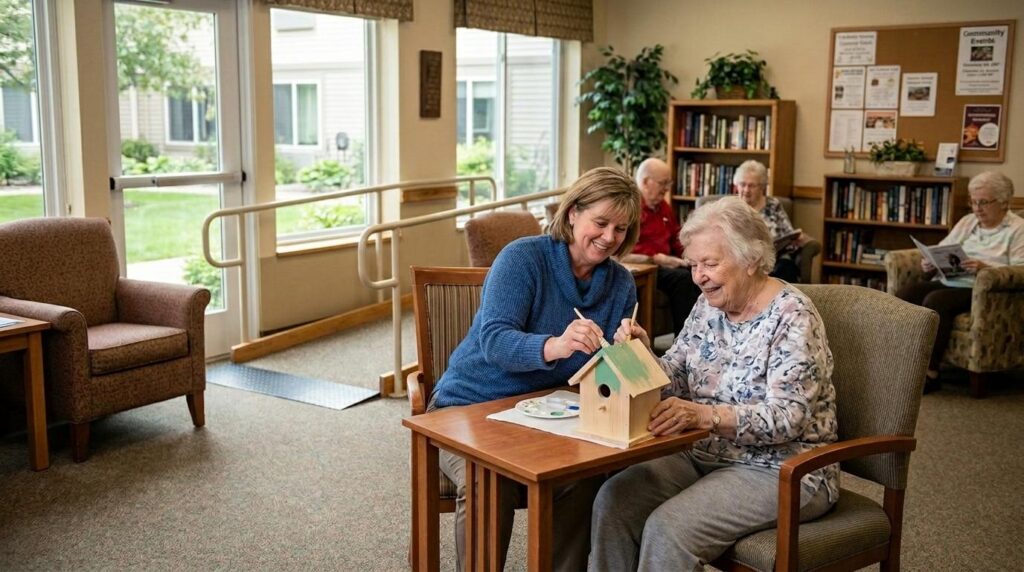 Smiling senior in a wheelchair enjoying time with a caregiver in a bright, welcoming assisted living community.