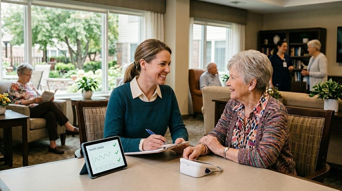 A young adult holds a clipboard and smiles at an older adult sitting at a table in a bright room.