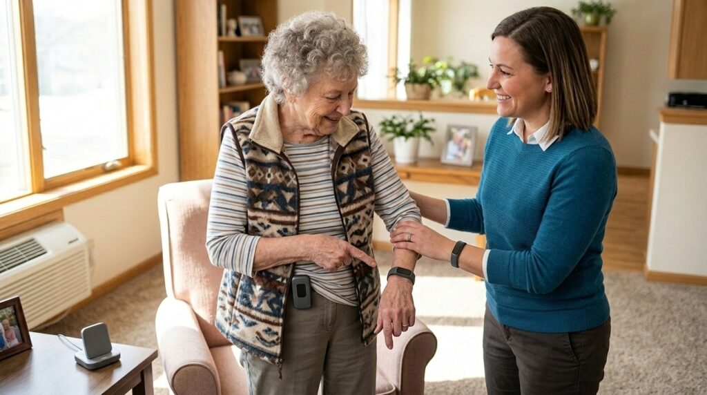 Senior living staff member assisting an older adult with a fall detection wearable device in a bright, comfortable community setting.