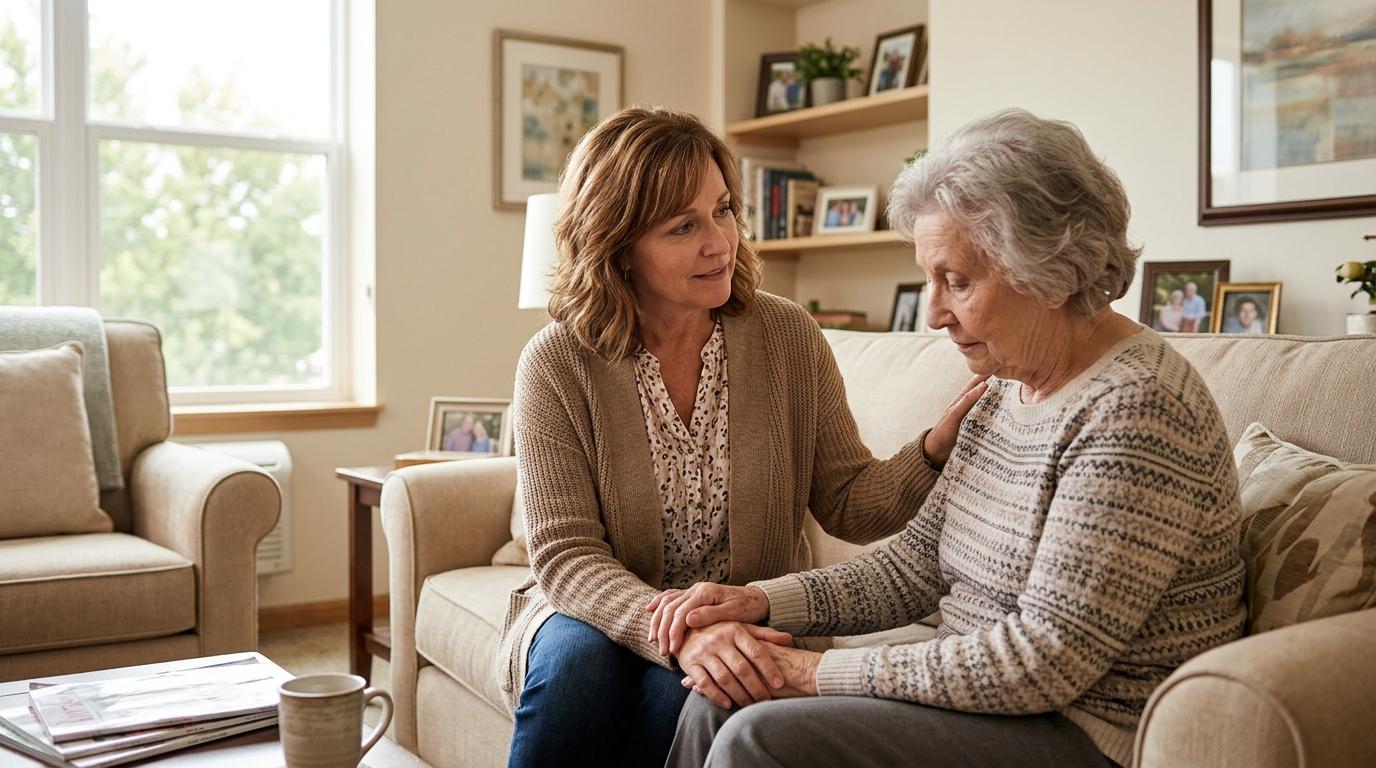 An older adult looks down at the ground as a younger adult comforts them while sitting on a couch.